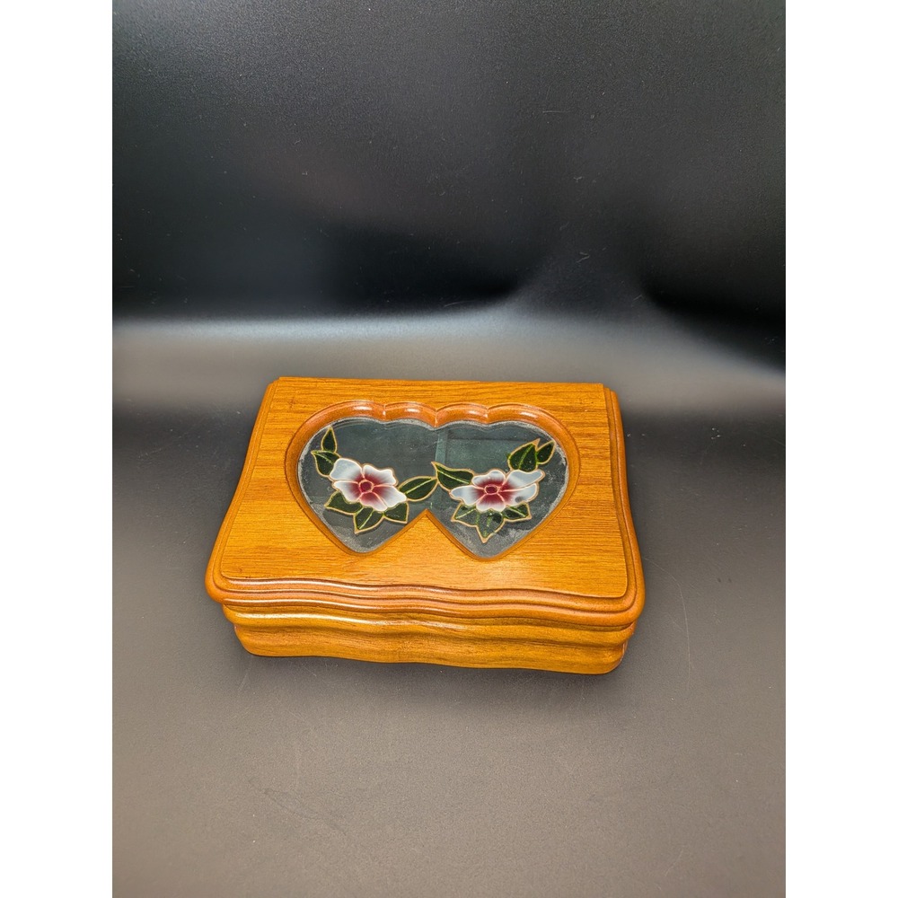 Vintage Mini Mele Wood Flip Top Jewelry Box with Stained Glass Top